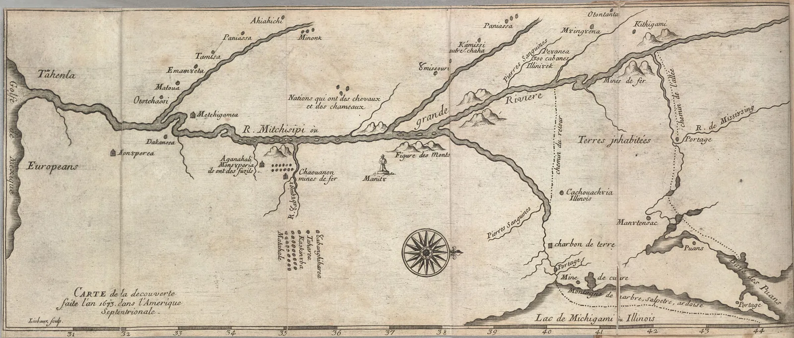Engraved 1681 map of the Mississippi River from the Great Lakes portage toward the Gulf of Mexico, drawn sideways with north to the right, with Indian villages labeled along the river