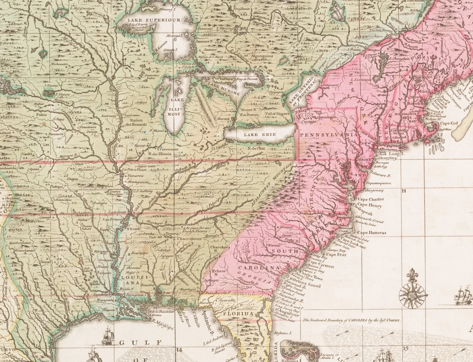 Detail of a hand-colored 1733 map of eastern North America: the British colonies from New England to Carolina and Georgia shaded pink east of the Appalachian Mountains, and Louisiana lettered across the Mississippi valley