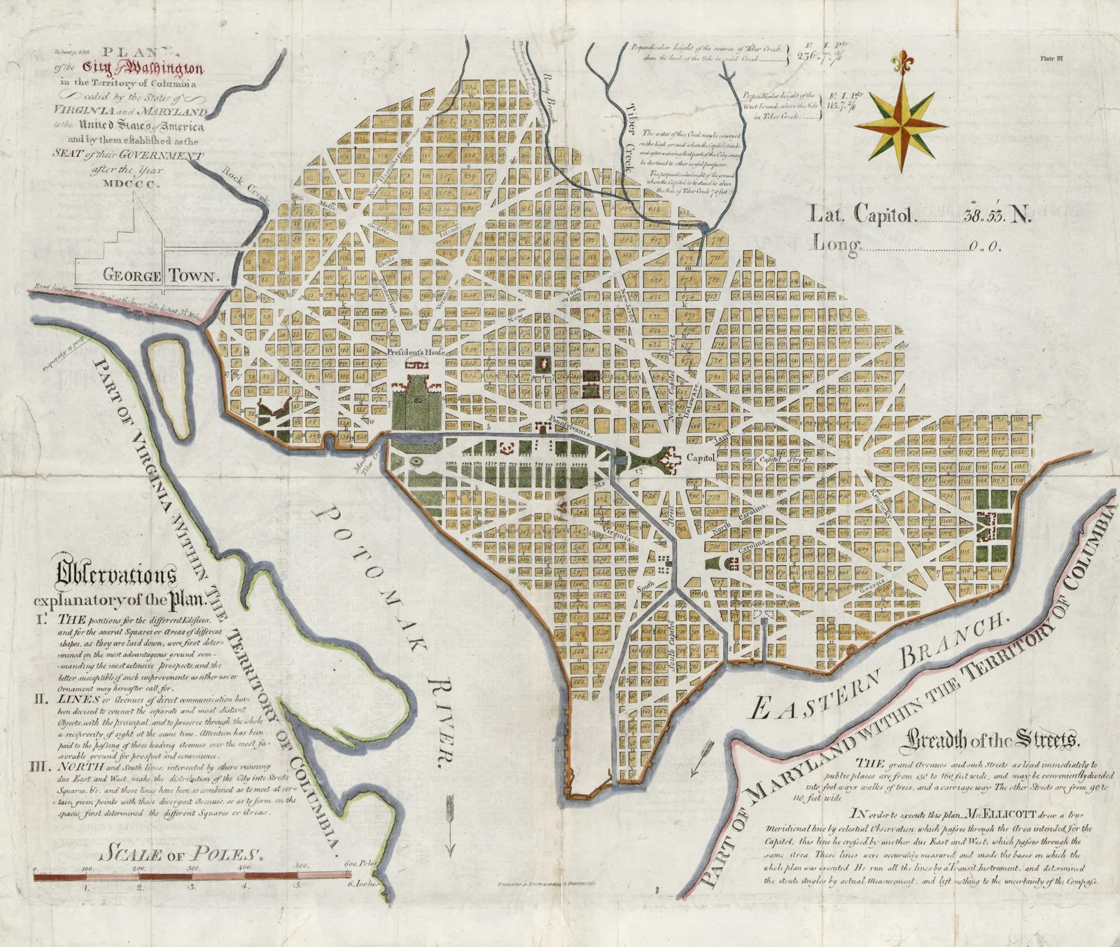 Engraved plan of the City of Washington showing the street grid, diagonal avenues, the Capitol and President's House, and the Potomac River and Eastern Branch