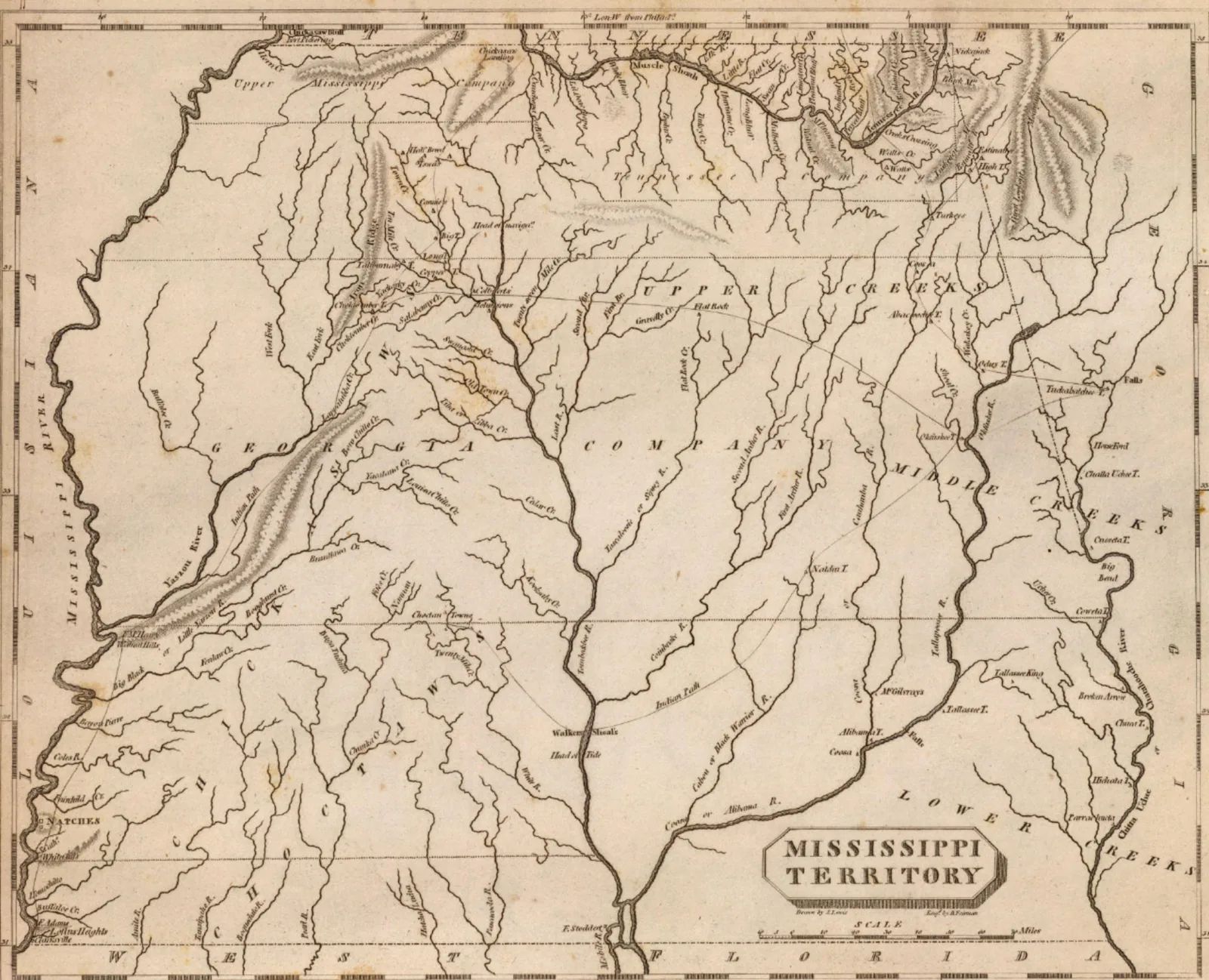 1804 engraved map of the Mississippi Territory showing rivers, relief, homesteads, and Indian settlements and paths