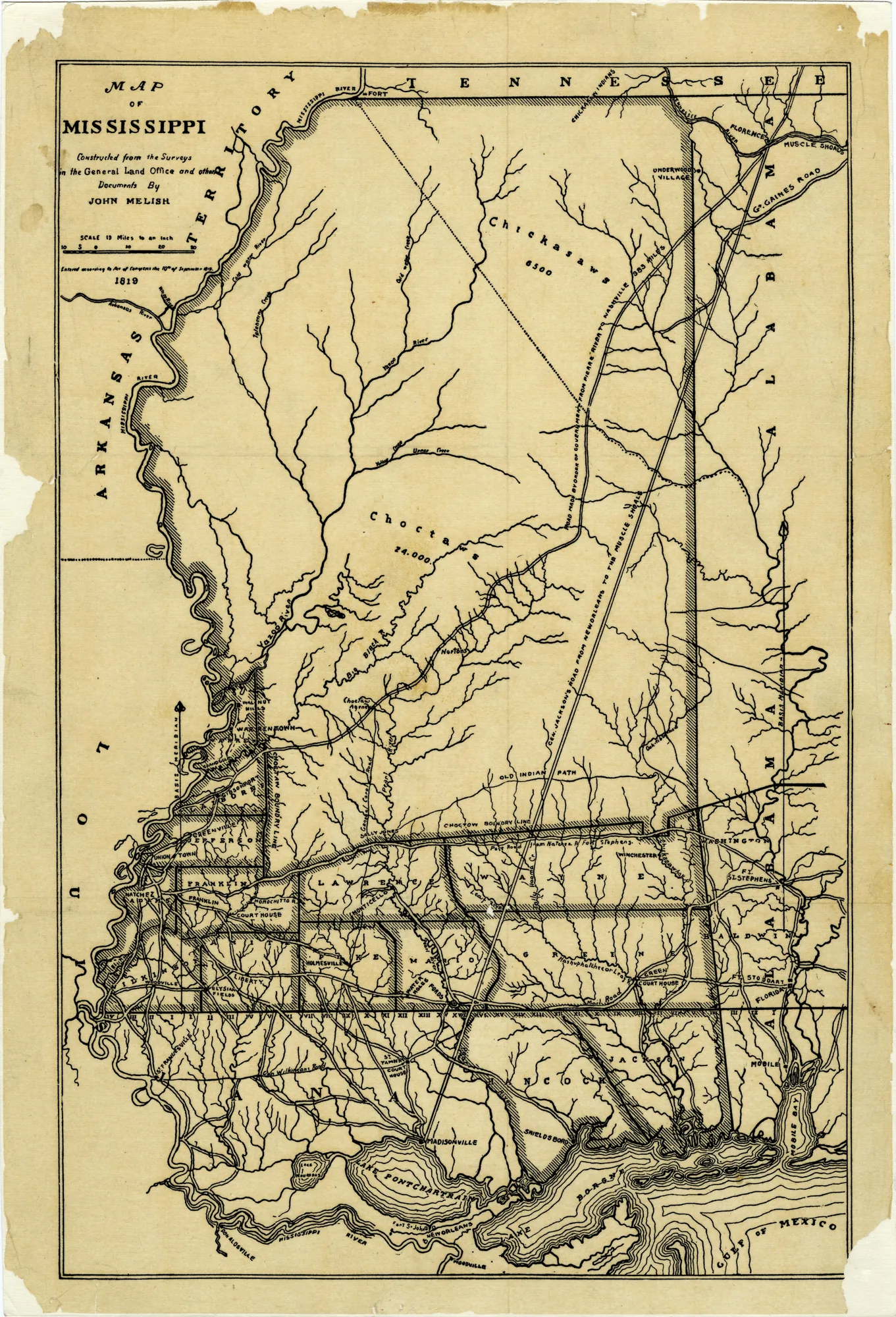 1819 map of the new State of Mississippi showing counties, court houses, roads and traces, and the federal land survey across the southern part of the state