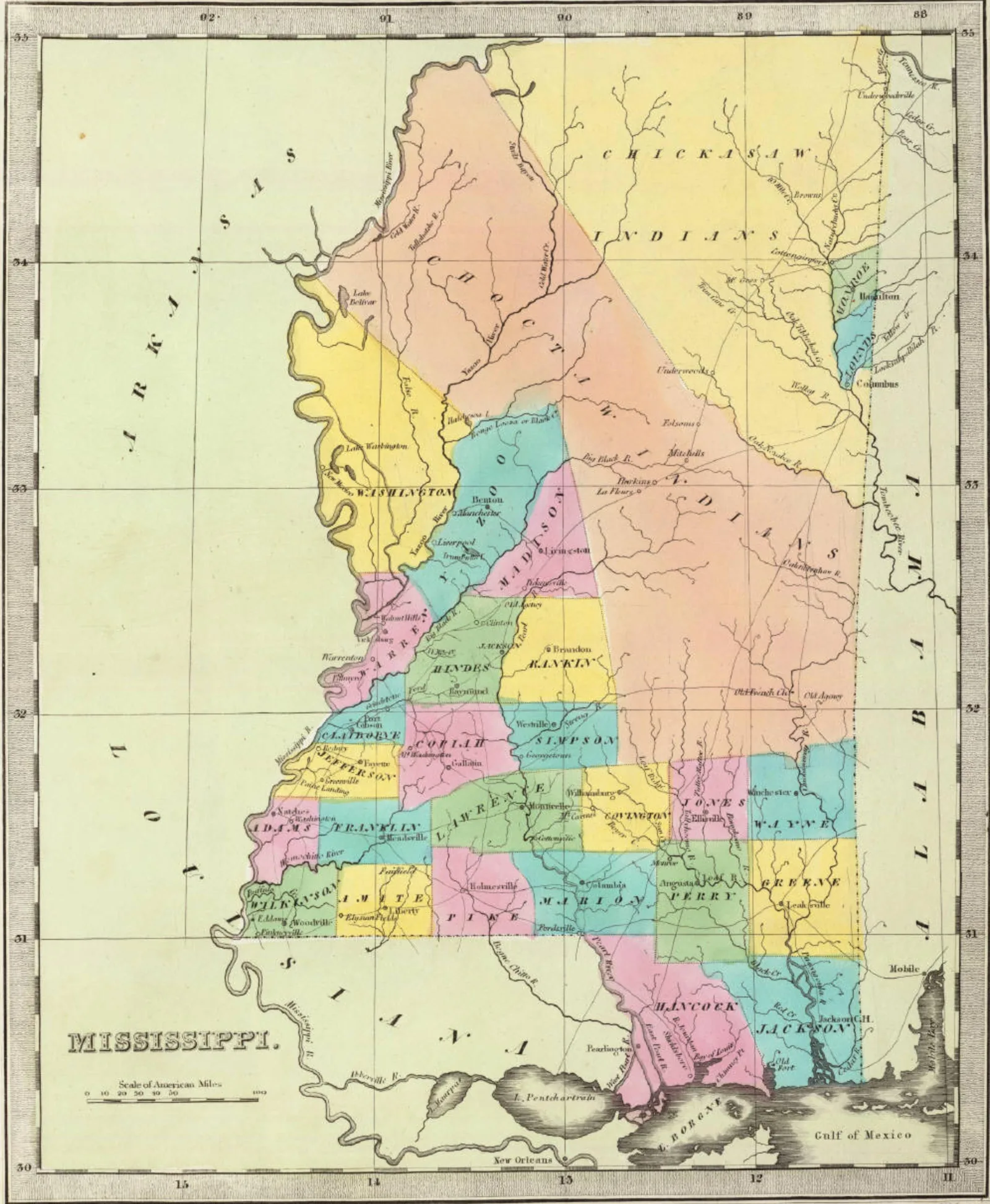 1835 map of Mississippi showing counties, towns, roads, and the remaining Indian lands about 1833