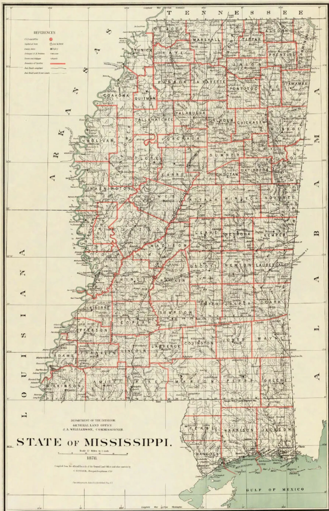 1878 General Land Office map of the State of Mississippi showing the completed state outline on the federal township survey grid