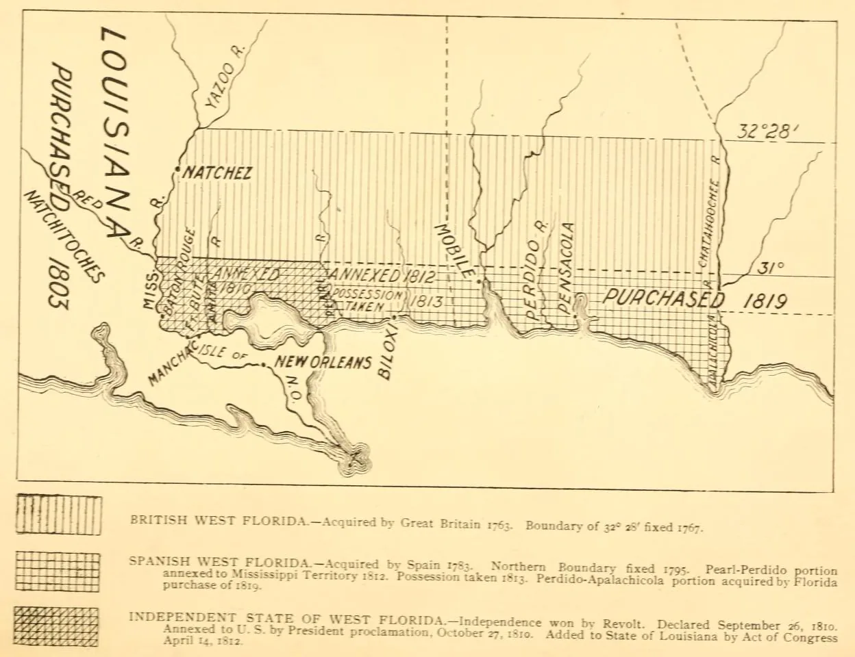 Map of West Florida from the Mississippi River to the Apalachicola River, shaded to show British West Florida, Spanish West Florida, and the independent State of West Florida, with the 1810, 1812, and 1813 annexations marked