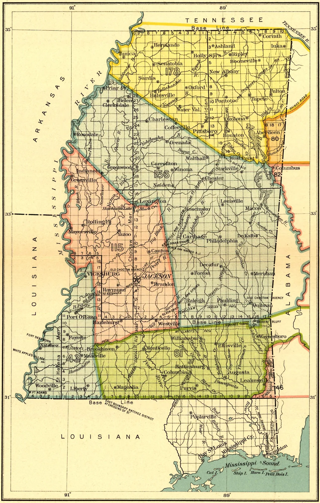 Map of Mississippi divided into the numbered areas of each Choctaw and Chickasaw land cession