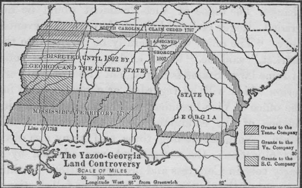 Map of the Yazoo–Georgia land controversy showing the Tennessee, Virginia, and South Carolina company grants across present Mississippi and Alabama, the Mississippi Territory of 1798, and the land disputed by Georgia and the United States until 1802