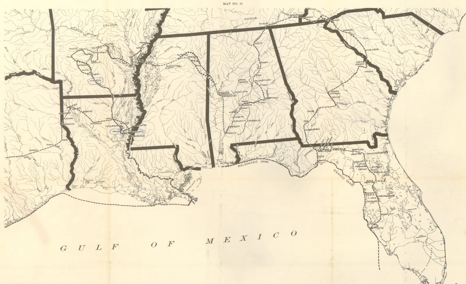 1939 map of the southeastern United States tracing De Soto's route as a dashed line from Florida through Georgia and Alabama, north into northeast Mississippi, and west to the Mississippi River