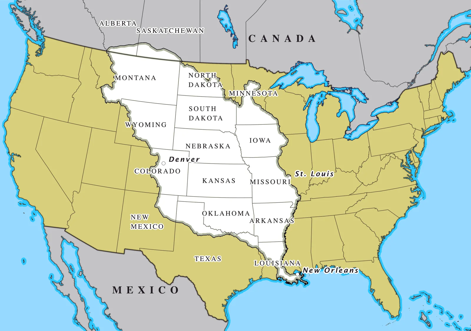 Map of the United States with the Louisiana Purchase shown in white, from Louisiana and New Orleans north to Montana and Minnesota