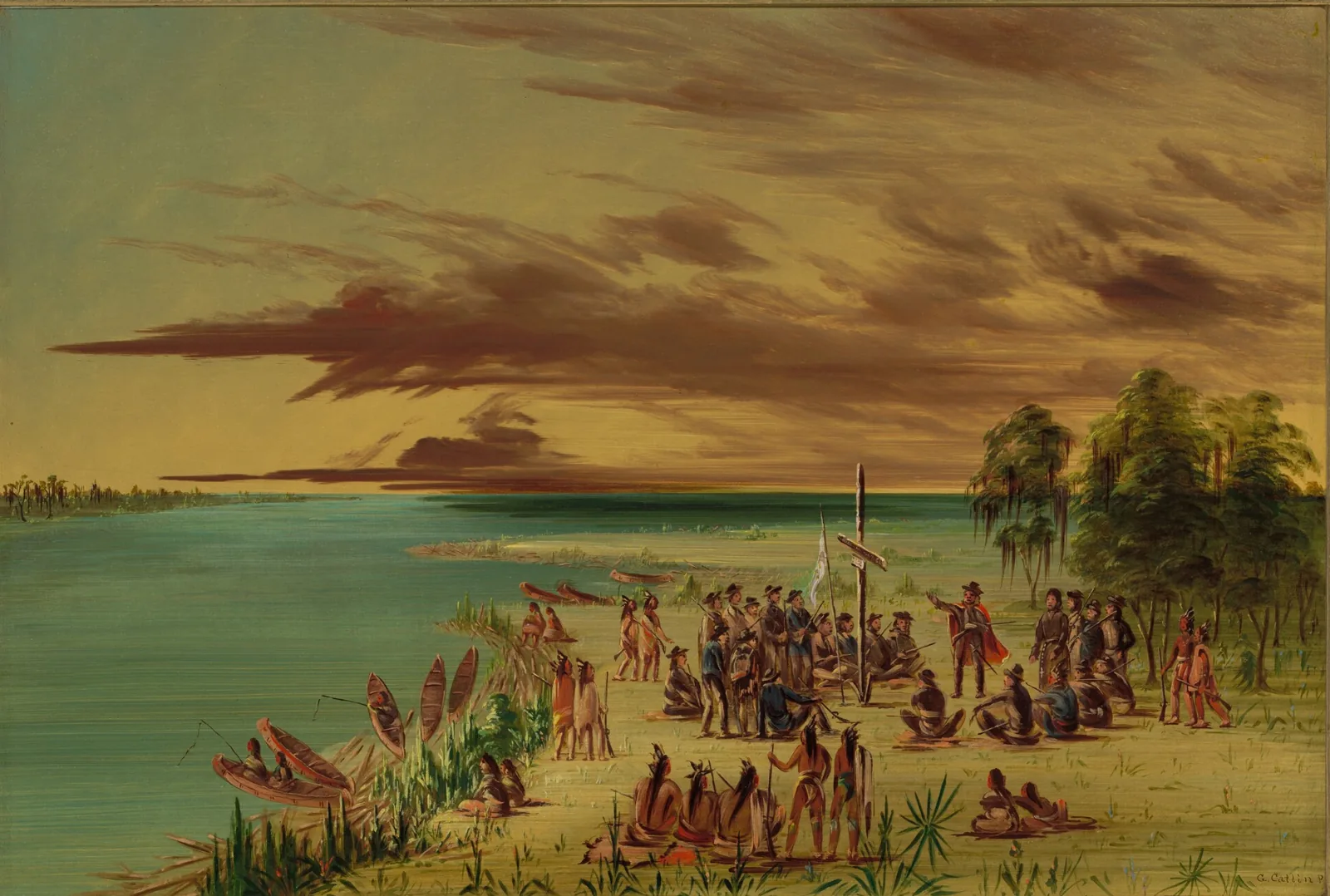 Painting of La Salle in a red cloak gesturing toward a wooden cross and a white flag at the water's edge, surrounded by his men and Native Americans, with canoes along the shore
