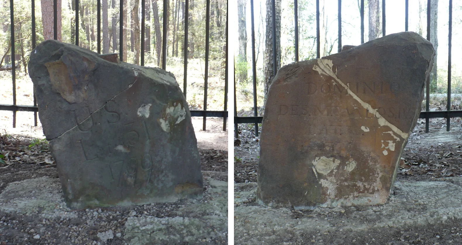 Two photographs of the same weathered sandstone boundary marker behind an iron fence. The left face is inscribed U.S. Lat 31 1799; the right face is inscribed Dominio de S.M. Carlos IV, Lat. 31, 1799.